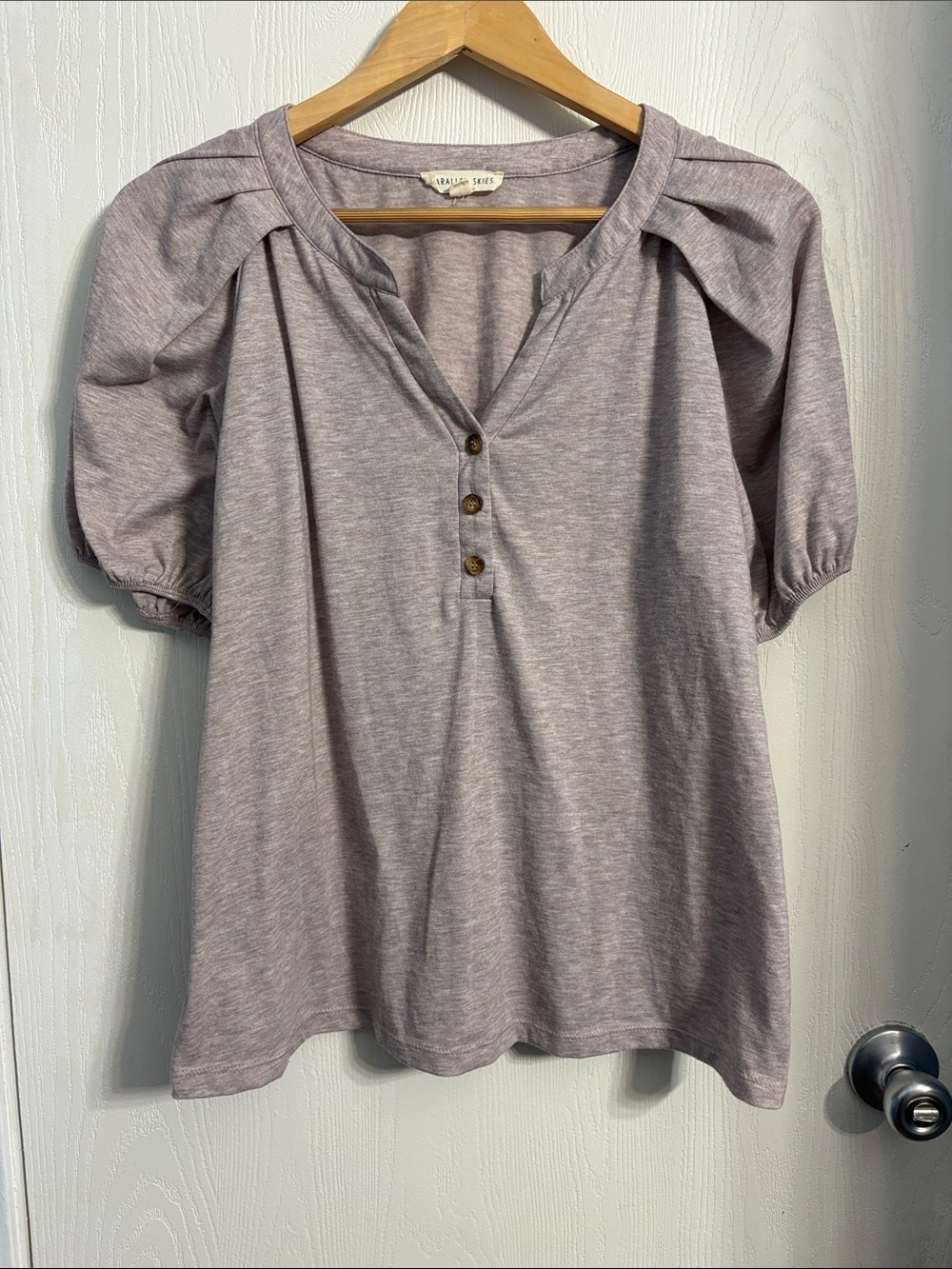 Parallel Skies Puff-Sleeve Henley Top — Dusty Brown